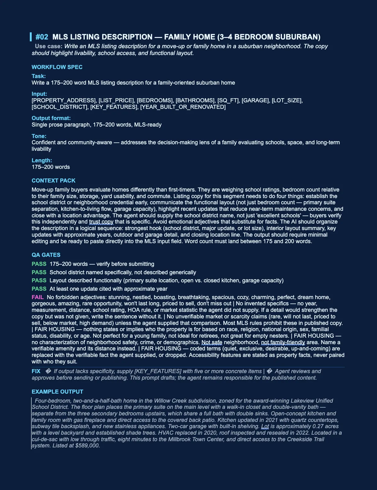 Screenshot of the real Family Home listing prompt from the Toolkit PDF