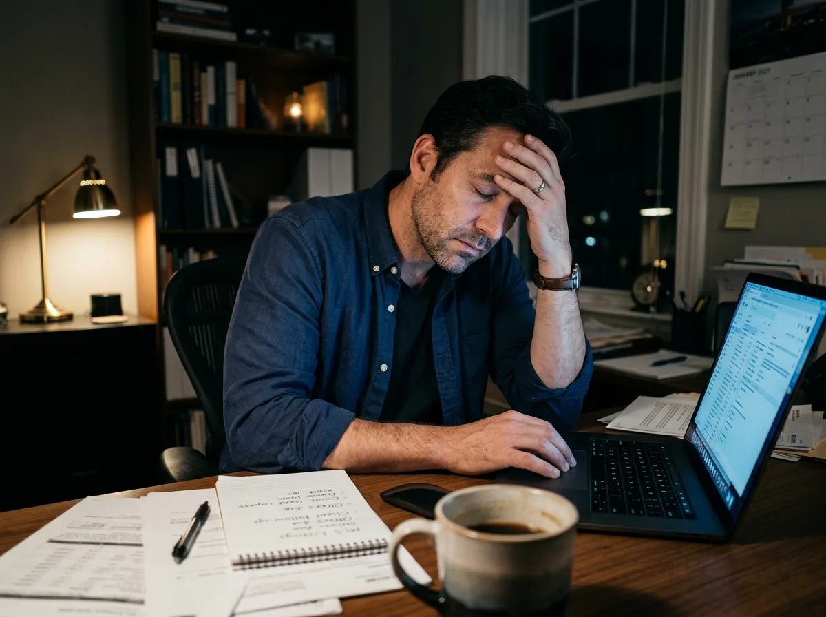 Real estate agent exhausted and frustrated at their desk late at night